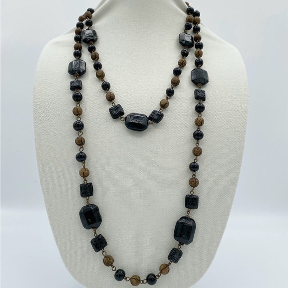 Long Black Ceramic, Acrylic & Bronze Color Beaded Two Strand Necklace - Picture 9 of 9